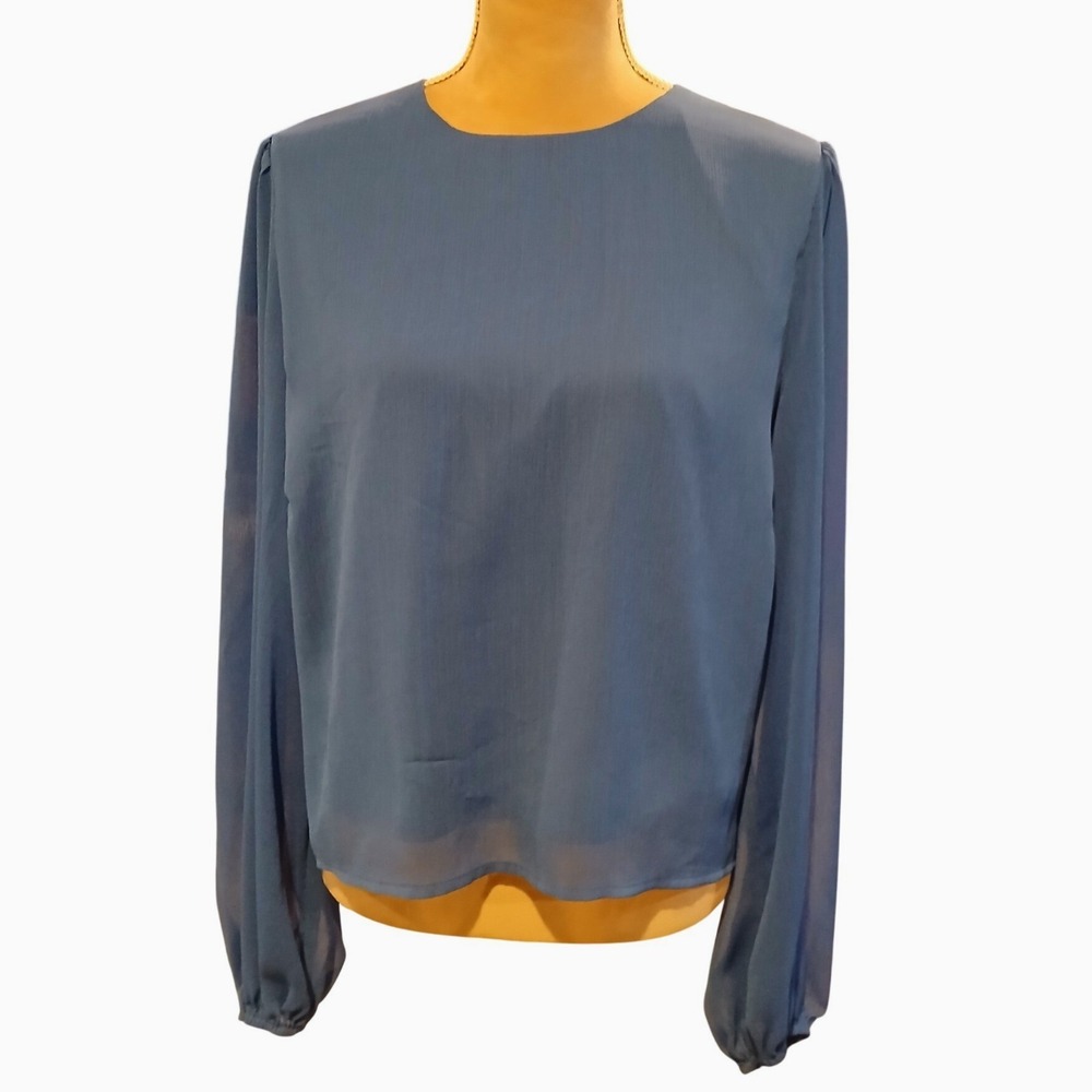 Lulus Blue Chiffon Long Sleeve Blouse XL Round Neck Keyhole Back Crepe Top